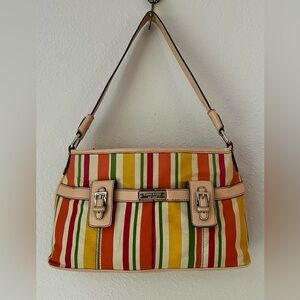 VTG Carnival Rainbow Summer Striped Canvas Shoulder Bag W/ Leather Trim